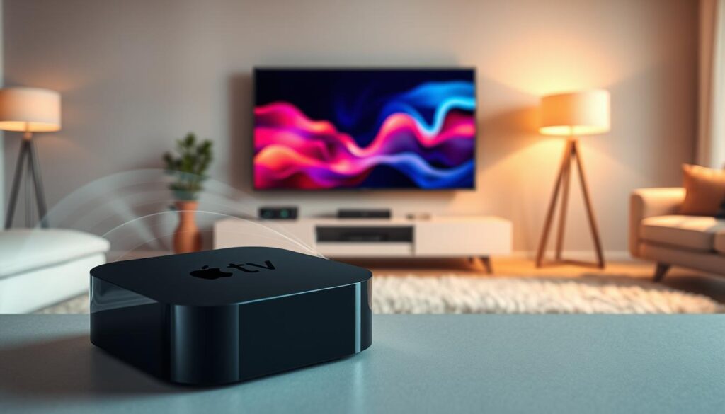 A sleek Apple TV device prominently displayed in the foreground, showcasing its modern design with a polished black finish. Surrounding the Apple TV, an abstract representation of wireless connection waves radiating outward, symbolizing AirPlay technology. In the middle ground, a stylish living room setting with a large flat-screen TV prominently mounted on the wall, displaying vivid colors and dynamic visuals, highlighting its compatibility with the Apple TV. Soft, warm lighting illuminates the scene, creating a cozy atmosphere. In the background, minimalistic furniture and soft texture elements, like a plush rug and contemporary decor, enhance the modern vibe. The image should evoke a sense of innovation and ease of use. No text or watermarks should be included.