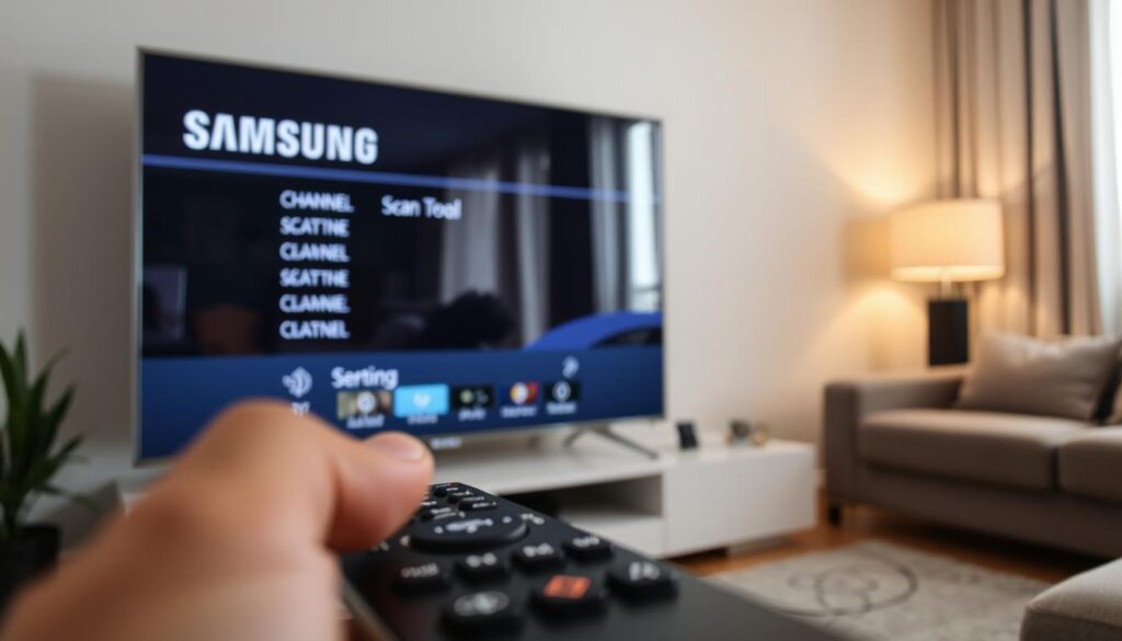 A sleek Samsung television prominently displayed in a modern living room, featuring a clear screen with an on-screen menu showing the channel scanning process. The foreground captures a close-up of a remote control with clearly labeled buttons, slightly out of focus, offering a sense of user interaction. In the middle ground, the television is brightly lit, and faint reflections of the room's decor can be seen on the screen, enhancing the sense of realism. The background includes a cozy couch and subtle ambient lighting, creating an inviting atmosphere. Soft, natural light filters through a nearby window, giving the scene a warm, homey feel. The image should convey a sense of ease and functionality in setting up digital television channels. A sleek Samsung television prominently displayed in a modern living room, featuring a clear screen with an on-screen menu showing the channel scanning process. The foreground captures a close-up of a remote control with clearly labeled buttons, slightly out of focus, offering a sense of user interaction. In the middle ground, the television is brightly lit, and faint reflections of the room's decor can be seen on the screen, enhancing the sense of realism. The background includes a cozy couch and subtle ambient lighting, creating an inviting atmosphere. Soft, natural light filters through a nearby window, giving the scene a warm, homey feel. The image should convey a sense of ease and functionality in setting up digital television channels.