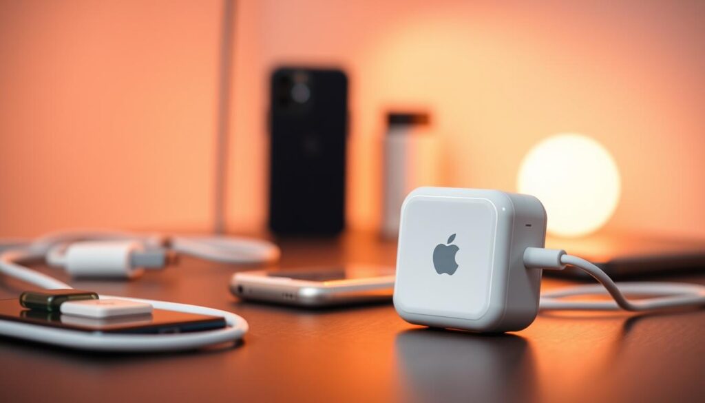 A sleek and modern iPhone 11 charger prominently displayed in the foreground, showcasing its compact design and smooth white finish. The charger is positioned at an angle, with a cable elegantly coiling beside it, highlighting its functionality. In the middle ground, there are soft, blurred electronic accessories like charging cables and a power bank, adding context. The background features a subtle gradient of soft colors, evoking a tech-friendly atmosphere, with warm lighting that creates a gentle glow around the charger. The overall mood is one of modern convenience and technological elegance, suggesting efficiency and quality in everyday tech items.