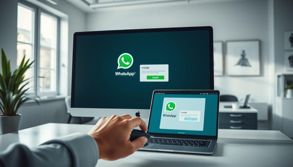 A sleek and modern workspace featuring a desktop computer displaying the WhatsApp installation process on its screen. In the foreground, a hand is using a mouse to click an "Install" button, emphasizing user interaction. The middle layer includes a laptop with a similar installation window open, showcasing a side-by-side comparison. The background features a stylish, minimalist office with soft natural lighting streaming through a window, creating a welcoming atmosphere. A potted plant and some office supplies add a touch of professionalism. The scene captures a sense of focus and efficiency, while the color palette remains neutral with shades of blue and white, reflecting the WhatsApp branding. No text or distractions are present to maintain clarity.