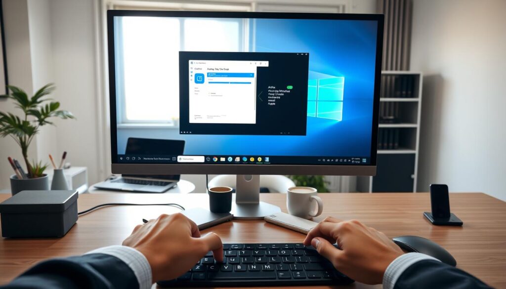 A sleek computer desk setup in a modern office environment, featuring a high-resolution desktop monitor displaying an active window capture interface. In the foreground, a pair of hands, dressed in smart casual attire, are poised over a keyboard, indicating the action of taking a screenshot. In the middle ground, a well-organized workspace with a stylish laptop, a notepad, and a mug of coffee adds a touch of productivity. The background reveals a softly lit room with a window, allowing natural light to fill the space, enhancing the serene atmosphere. The composition should focus on the monitor and hands, with an emphasis on clarity and professionalism, reflecting the theme of capturing an active window on a computer screen. A sleek computer desk setup in a modern office environment, featuring a high-resolution desktop monitor displaying an active window capture interface. In the foreground, a pair of hands, dressed in smart casual attire, are poised over a keyboard, indicating the action of taking a screenshot. In the middle ground, a well-organized workspace with a stylish laptop, a notepad, and a mug of coffee adds a touch of productivity. The background reveals a softly lit room with a window, allowing natural light to fill the space, enhancing the serene atmosphere. The composition should focus on the monitor and hands, with an emphasis on clarity and professionalism, reflecting the theme of capturing an active window on a computer screen.