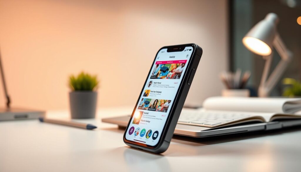 A sleek iPhone 11 displayed prominently in the foreground, capturing a long screenshot of a vibrant and colorful mobile app interface. The phone's screen shows a scrolling feed, emphasizing the concept of capturing a lengthy screen image. In the middle ground, a soft blurred desk setting with a stylish laptop and minimal office supplies adds context without distracting from the iPhone. The background features a softly lit modern workspace, with warm ambient lighting enhancing the scene's professional atmosphere. The image is taken at a slight angle, showcasing the iPhone's elegant design, while maintaining a clean and organized look. The overall mood is informative and inviting, perfect for a tutorial context. Ensure there are no text overlays or watermarks in the final image. A sleek iPhone 11 displayed prominently in the foreground, capturing a long screenshot of a vibrant and colorful mobile app interface. The phone's screen shows a scrolling feed, emphasizing the concept of capturing a lengthy screen image. In the middle ground, a soft blurred desk setting with a stylish laptop and minimal office supplies adds context without distracting from the iPhone. The background features a softly lit modern workspace, with warm ambient lighting enhancing the scene's professional atmosphere. The image is taken at a slight angle, showcasing the iPhone's elegant design, while maintaining a clean and organized look. The overall mood is informative and inviting, perfect for a tutorial context. Ensure there are no text overlays or watermarks in the final image.