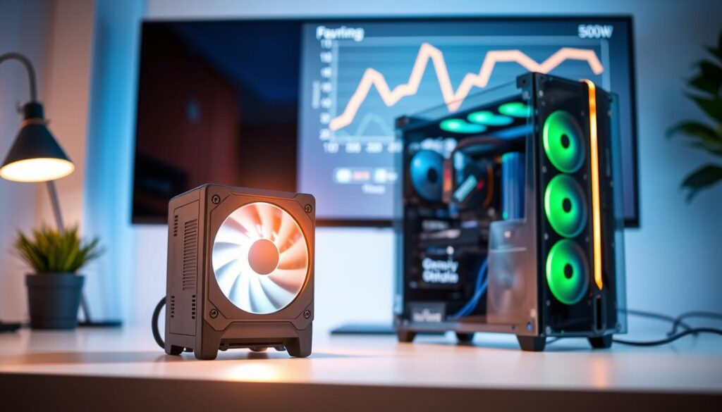 A sleek, modern 500W computer setup on a minimalist desk, illuminated by soft, dynamic lighting that highlights its components. In the foreground, focus on the computer's power supply unit, showcasing energy efficiency indicators with a glowing LED light. The middle ground features a clear glass case displaying high-performance internal components like the motherboard and graphics card, emphasizing sleek design and airflow. The background includes a subtle, blurred image of a digital energy consumption graph on a monitor, illustrating energy metrics and performance analytics. The scene conveys a professional atmosphere, evoking technological advancement and sustainability in energy use, with a cool color palette of blues and greens to symbolize efficiency and innovation. A sleek, modern 500W computer setup on a minimalist desk, illuminated by soft, dynamic lighting that highlights its components. In the foreground, focus on the computer's power supply unit, showcasing energy efficiency indicators with a glowing LED light. The middle ground features a clear glass case displaying high-performance internal components like the motherboard and graphics card, emphasizing sleek design and airflow. The background includes a subtle, blurred image of a digital energy consumption graph on a monitor, illustrating energy metrics and performance analytics. The scene conveys a professional atmosphere, evoking technological advancement and sustainability in energy use, with a cool color palette of blues and greens to symbolize efficiency and innovation.