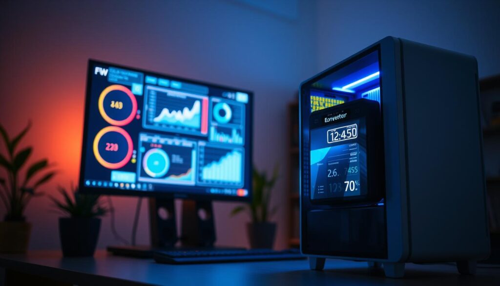 A sleek modern computer setup positioned prominently in the foreground, with a high-resolution monitor displaying vibrant graphs and charts related to energy consumption. The computer tower, designed with a minimalist aesthetic, is illuminated by soft LED lights, casting a warm glow in the dimly lit room. In the middle ground, a digital energy meter displays real-time data on power usage, illustrating energy management. The background consists of a subtle, blurred home office environment, featuring a potted plant and bookshelves, adding a sense of professionalism. The overall mood conveys a focused and informative atmosphere, with a cool color palette dominated by blues and greens, symbolizing technology and sustainability. The scene is lit with soft ambient lighting, creating a calm and analytical vibe, perfect for discussing energy consumption. A sleek modern computer setup positioned prominently in the foreground, with a high-resolution monitor displaying vibrant graphs and charts related to energy consumption. The computer tower, designed with a minimalist aesthetic, is illuminated by soft LED lights, casting a warm glow in the dimly lit room. In the middle ground, a digital energy meter displays real-time data on power usage, illustrating energy management. The background consists of a subtle, blurred home office environment, featuring a potted plant and bookshelves, adding a sense of professionalism. The overall mood conveys a focused and informative atmosphere, with a cool color palette dominated by blues and greens, symbolizing technology and sustainability. The scene is lit with soft ambient lighting, creating a calm and analytical vibe, perfect for discussing energy consumption.