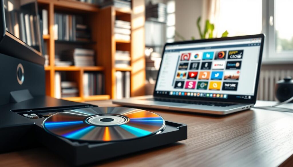 A sleek, modern computer setup situated on a stylish wooden desk in a cozy home office. In the foreground, display a semi-open CD drive with a shiny compact disc reflecting soft, warm light, symbolizing the act of copying a CD. In the middle ground, show a laptop with a brightly lit screen showcasing intuitive software for CD ripping, filled with colorful icons and a user-friendly interface. In the background, softly blurred, include shelves filled with organized CDs and books, adding depth and interest to the workspace. Natural light pours in from a window, casting gentle shadows and creating a welcoming atmosphere. The scene exudes a sense of efficiency and professionalism, capturing the essence of the best software for ripping CDs.