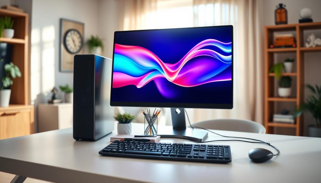 A sleek, modern desktop computer setup on a minimalist desk, featuring a high-resolution monitor displaying vibrant graphics. The foreground highlights the computer with a stylish, compact tower and an ergonomic keyboard. In the middle, there's a tasteful arrangement of office supplies, including a notepad and a stylish pen, and a small indoor plant that adds a touch of greenery. The background shows a well-lit, cozy home office with soft natural light filtering through a window, casting gentle shadows. The atmosphere is one of professional productivity and technological advancement, with an overall warm and inviting mood. Use soft focus for a slight blur effect in the background to keep the attention on the computer.