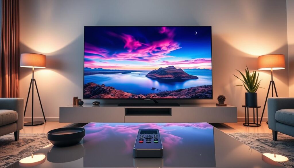 A sleek modern living room featuring a high-resolution Samsung television displaying stunning 4K imagery. In the foreground, a well-designed coffee table holds a sleek remote and a few decorative items. The middle ground highlights the television, showcasing vibrant colors and sharp details in a scenic landscape, emphasizing the clarity of 4K resolution. The background features soft ambient lighting, with floor lamps casting a warm glow throughout the room. The overall atmosphere is inviting and technologically sophisticated, evoking a sense of luxury and contemporary design. Shot from a slightly low angle to capture the grandeur of the TV and the exquisite decor, making it ideal for illustrating the image settings for optimal 4K viewing. A sleek modern living room featuring a high-resolution Samsung television displaying stunning 4K imagery. In the foreground, a well-designed coffee table holds a sleek remote and a few decorative items. The middle ground highlights the television, showcasing vibrant colors and sharp details in a scenic landscape, emphasizing the clarity of 4K resolution. The background features soft ambient lighting, with floor lamps casting a warm glow throughout the room. The overall atmosphere is inviting and technologically sophisticated, evoking a sense of luxury and contemporary design. Shot from a slightly low angle to capture the grandeur of the TV and the exquisite decor, making it ideal for illustrating the image settings for optimal 4K viewing.