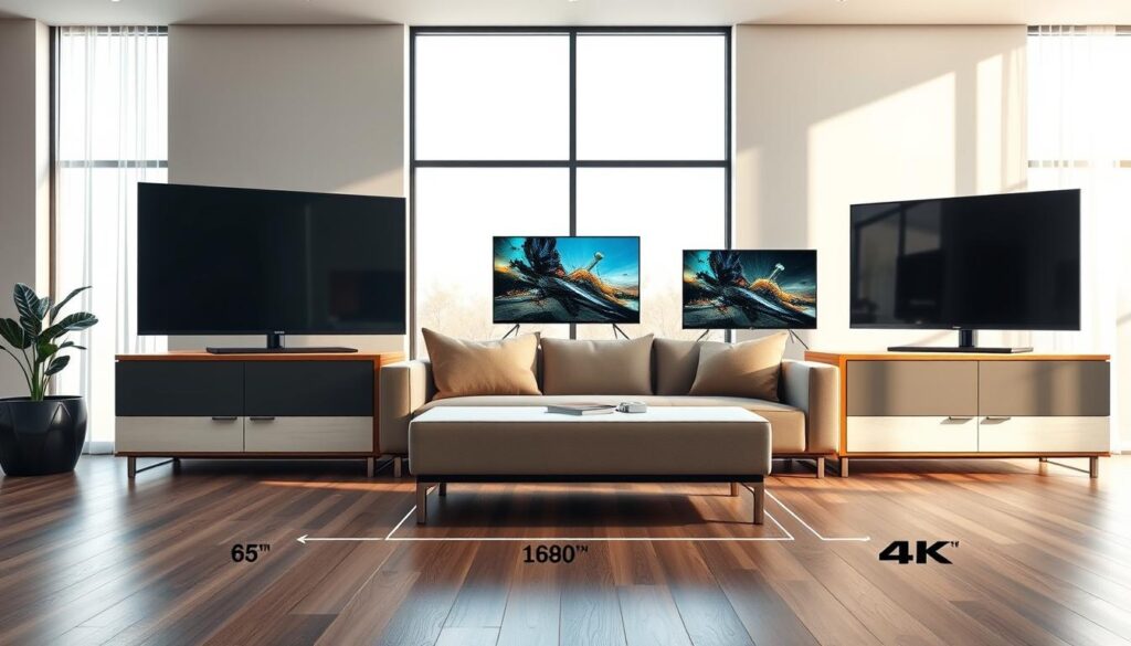 A sleek modern living room featuring four different televisions displayed on a stylish media console. The foreground highlights a 65-inch standard TV, measures from various viewing distances annotated on the floor in a subtle design. In the middle ground, two other TVs exhibit different resolutions, such as 1080p and 4K, showcased side by side, with a comfortable sofa in front of them. The background features a large window allowing natural light to filter in, illuminating the room softly, creating a warm and inviting atmosphere. The angle is slightly elevated, capturing a broad view of the room, emphasizing the televisions and their impact on viewing distances. Overall, the mood is modern and tech-savvy, ideal for illustrating the differences in television resolutions.