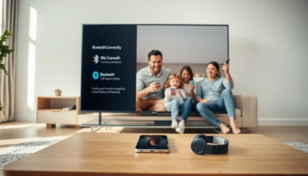 A sleek, modern living room showcasing a large LED television prominently displaying a Bluetooth connectivity interface. In the foreground, a stylish coffee table features a smartphone and wireless headphones, emphasizing the convenience of Bluetooth. The middle layer captures a family of three: a father, mother, and child, casually dressed, joyfully interacting with the TV while using their devices through Bluetooth, highlighting seamless connectivity. The background reveals a bright, airy living space with soft natural lighting filtering through large windows, creating a warm and inviting atmosphere. The scene is shot from a slightly elevated angle to capture the collaborative interaction around the TV, emphasizing the benefits of Bluetooth in enhancing family entertainment. The overall mood is cheerful and connected, illustrating the practical advantages of Bluetooth technology in modern home entertainment. A sleek, modern living room showcasing a large LED television prominently displaying a Bluetooth connectivity interface. In the foreground, a stylish coffee table features a smartphone and wireless headphones, emphasizing the convenience of Bluetooth. The middle layer captures a family of three: a father, mother, and child, casually dressed, joyfully interacting with the TV while using their devices through Bluetooth, highlighting seamless connectivity. The background reveals a bright, airy living space with soft natural lighting filtering through large windows, creating a warm and inviting atmosphere. The scene is shot from a slightly elevated angle to capture the collaborative interaction around the TV, emphasizing the benefits of Bluetooth in enhancing family entertainment. The overall mood is cheerful and connected, illustrating the practical advantages of Bluetooth technology in modern home entertainment.
