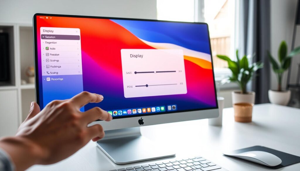 A sleek, modern macOS computer screen displaying a vibrant interface showcasing the process of adjusting screen resolution and scaling options. In the foreground, a user's hand gently navigates the display, highlighting the 'Display' settings menu, with bright icons and clear text. The middle ground features a close-up view of the screen showing the slider for resolution adjustment, with the macOS aesthetic evident in its minimalist design. The background includes a soft-focus image of a bright workspace, with natural light streaming through a window, casting a warm glow on the desk. The mood is professional and calming, evoking a sense of clarity and focus. The image is well-lit, with an emphasis on clean lines and a contemporary feel, suggesting productivity and efficiency. A sleek, modern macOS computer screen displaying a vibrant interface showcasing the process of adjusting screen resolution and scaling options. In the foreground, a user's hand gently navigates the display, highlighting the 'Display' settings menu, with bright icons and clear text. The middle ground features a close-up view of the screen showing the slider for resolution adjustment, with the macOS aesthetic evident in its minimalist design. The background includes a soft-focus image of a bright workspace, with natural light streaming through a window, casting a warm glow on the desk. The mood is professional and calming, evoking a sense of clarity and focus. The image is well-lit, with an emphasis on clean lines and a contemporary feel, suggesting productivity and efficiency.