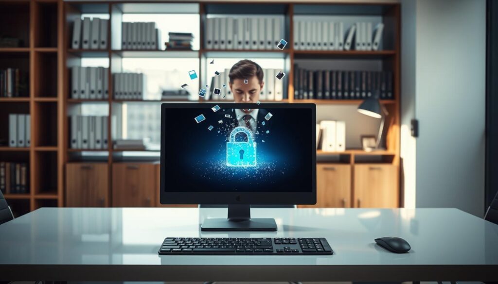 A sleek, modern office environment with a computer on a polished desk in the foreground. The computer screen displays a vibrant graphic of files being securely deleted, represented by flying digital fragments disappearing into a void. In the middle ground, a professional in smart business attire is focused on the screen, demonstrating a sense of intent and concentration. The background features a well-organized bookshelf filled with books on technology and digital security, illuminated by soft, natural light coming from a nearby window, creating an atmosphere of clarity and purpose. The overall mood is empowering and motivating, emphasizing the importance of secure file deletion practices.