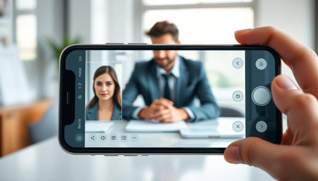 A sleek smartphone displaying a beautifully blurred photo in 'portrait mode' on its screen, emphasizing the subject in sharp focus against a softly faded background. The foreground features an elegantly designed application interface showcasing background blur tools, rendered in a modern, easy-to-use style. In the middle, a stylish user, dressed in professional business attire, sits at a bright, tidy workspace, intently assessing the photo. The background is a minimalistic office setting with soft natural light streaming in from a window, creating a calm and focused atmosphere. Capture the image from a slightly elevated angle, ensuring clarity and vibrancy, highlighting the intuitive usability of the app, perfect for enhancing photos on an iPhone.