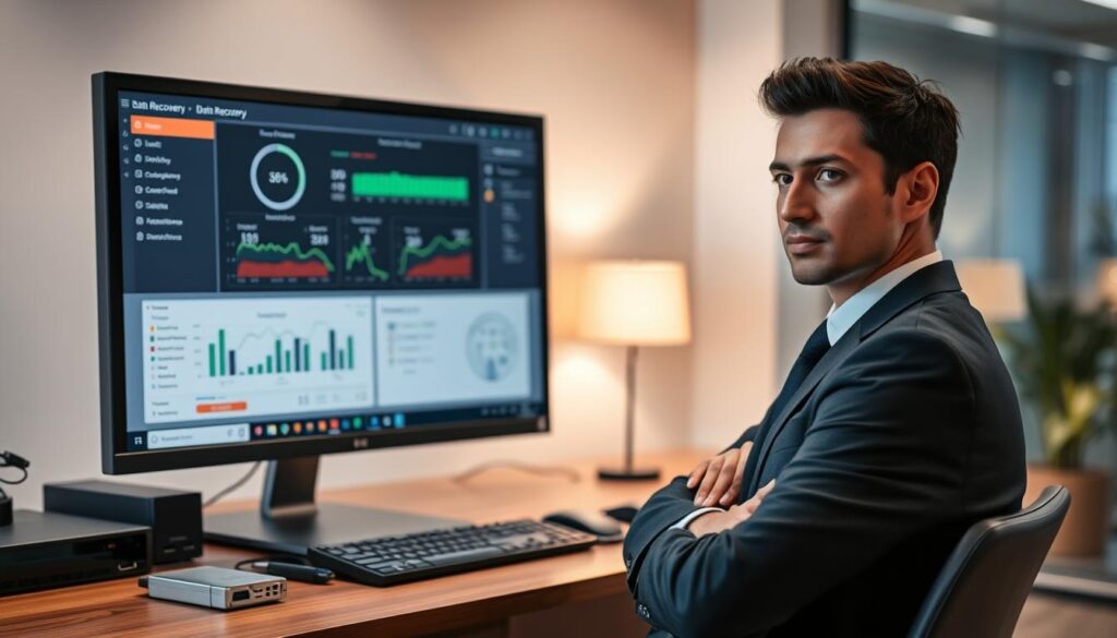 A sleek workstation set up in a modern office, featuring a high-resolution computer monitor displaying a data recovery software interface. In the foreground, a confident professional in smart business attire is focused on the screen, with an expression of determination. The middle layer showcases the computer, adorned with charts and recovery progress bars, while an array of external drives and recovery tools are neatly organized beside it. The background reveals a stylishly designed office, with soft ambient lighting creating a productive atmosphere. The scene captures the essence of expertise and efficiency in data recovery, emphasizing the value of paid data recovery methods. The angle of the image is slightly elevated, showcasing both the professional and the technology effectively. A sleek workstation set up in a modern office, featuring a high-resolution computer monitor displaying a data recovery software interface. In the foreground, a confident professional in smart business attire is focused on the screen, with an expression of determination. The middle layer showcases the computer, adorned with charts and recovery progress bars, while an array of external drives and recovery tools are neatly organized beside it. The background reveals a stylishly designed office, with soft ambient lighting creating a productive atmosphere. The scene captures the essence of expertise and efficiency in data recovery, emphasizing the value of paid data recovery methods. The angle of the image is slightly elevated, showcasing both the professional and the technology effectively.