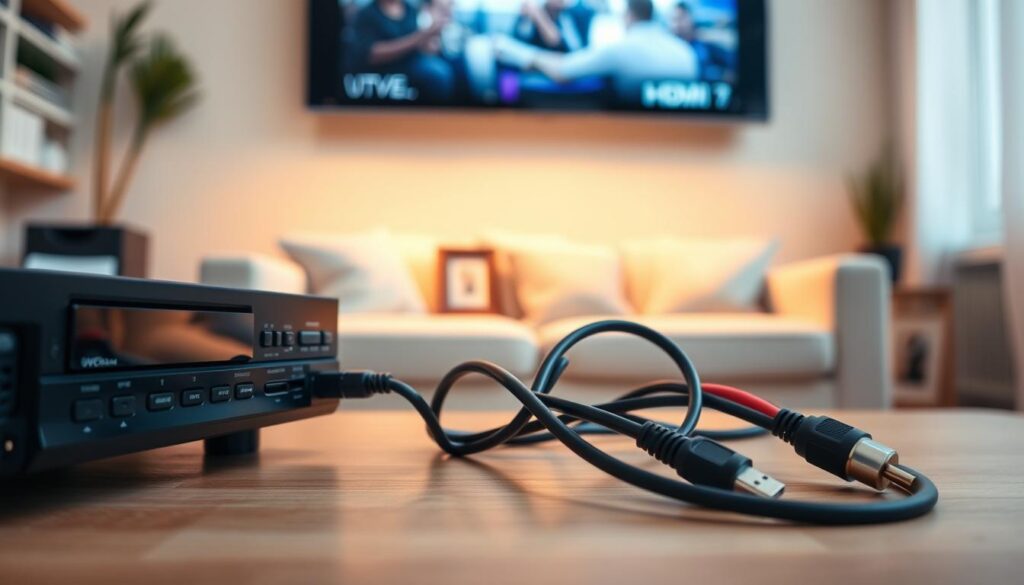 A step-by-step guide on connecting an old DVD player to a modern TV, featuring a well-lit living room setting. In the foreground, display an old DVD player and a sleek, flat-screen TV with visible connection ports. In the middle ground, include cables (RCA and HDMI) intricately arranged to show the connection process. In the background, add a cozy sofa with some contemporary decor and a soft, warm light illuminating the scene, creating a welcoming atmosphere. Capture the image from a slightly elevated angle to provide a clear view of the setup. Ensure the colors are vibrant but natural, reflecting a home environment where technology meets comfort. A step-by-step guide on connecting an old DVD player to a modern TV, featuring a well-lit living room setting. In the foreground, display an old DVD player and a sleek, flat-screen TV with visible connection ports. In the middle ground, include cables (RCA and HDMI) intricately arranged to show the connection process. In the background, add a cozy sofa with some contemporary decor and a soft, warm light illuminating the scene, creating a welcoming atmosphere. Capture the image from a slightly elevated angle to provide a clear view of the setup. Ensure the colors are vibrant but natural, reflecting a home environment where technology meets comfort.