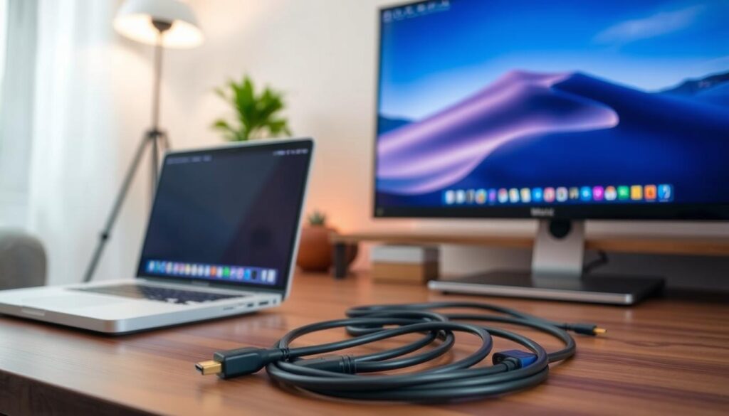 A step-by-step instruction guide for connecting a Mac computer to a television as a monitor. The foreground features a sleek, modern MacBook with visible ports, alongside a contemporary flat-screen TV displaying a vibrant desktop interface. The middle ground shows an assortment of connection cables, such as HDMI and USB-C, neatly arranged, emphasizing clarity in the process. The background includes a stylish, minimalistic room setting with soft ambient lighting to create a warm, inviting atmosphere. The scene is captured from a slightly elevated angle, allowing a clear view of both the MacBook and TV, while evoking a sense of professionalism and tech-savviness. The image should be polished, without any text or branding elements, focusing solely on the visual instructions. A step-by-step instruction guide for connecting a Mac computer to a television as a monitor. The foreground features a sleek, modern MacBook with visible ports, alongside a contemporary flat-screen TV displaying a vibrant desktop interface. The middle ground shows an assortment of connection cables, such as HDMI and USB-C, neatly arranged, emphasizing clarity in the process. The background includes a stylish, minimalistic room setting with soft ambient lighting to create a warm, inviting atmosphere. The scene is captured from a slightly elevated angle, allowing a clear view of both the MacBook and TV, while evoking a sense of professionalism and tech-savviness. The image should be polished, without any text or branding elements, focusing solely on the visual instructions.