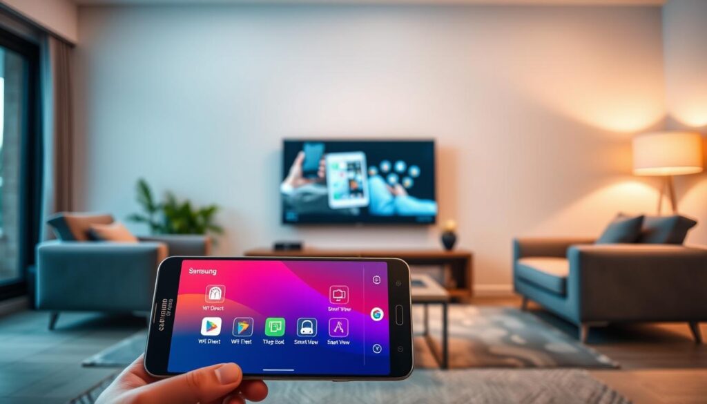 A stylish, modern living room showcasing a Samsung smartphone wirelessly connecting to a large flat-screen television. In the foreground, a sleek phone displays the screen mirroring interface, with vibrant icons representing different methods like Wi-Fi Direct and Smart View. In the middle, the television shows a mirrored image of the phone’s screen, illustrating a popular app or media content. The background features cozy furniture and soft ambient lighting, creating a warm, inviting atmosphere. The scene is captured from a slightly elevated angle to emphasize the connection process. Overall, the mood is tech-savvy and contemporary, highlighting innovative screen-sharing methods in a professional setting. A stylish, modern living room showcasing a Samsung smartphone wirelessly connecting to a large flat-screen television. In the foreground, a sleek phone displays the screen mirroring interface, with vibrant icons representing different methods like Wi-Fi Direct and Smart View. In the middle, the television shows a mirrored image of the phone’s screen, illustrating a popular app or media content. The background features cozy furniture and soft ambient lighting, creating a warm, inviting atmosphere. The scene is captured from a slightly elevated angle to emphasize the connection process. Overall, the mood is tech-savvy and contemporary, highlighting innovative screen-sharing methods in a professional setting.