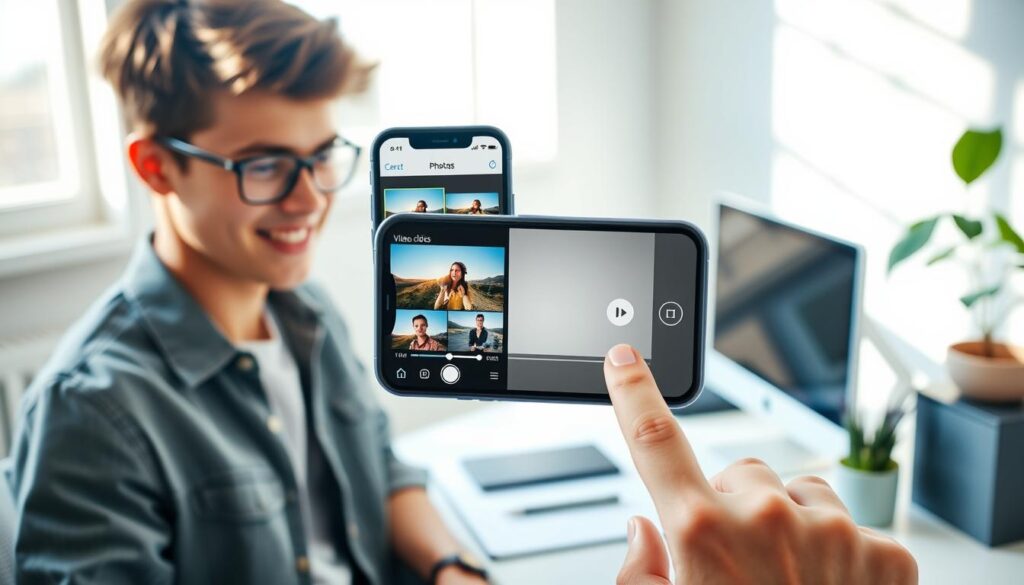 A user-friendly scene showcasing a person editing a video on an iPhone in a bright, modern workspace. In the foreground, a young adult in casual attire, focused and smiling, interacts with the iPhone's Photos app, highlighting the video editing features. In the middle, the iPhone screen displays vibrant thumbnails of videos with a clear play/pause button and speed adjustment slider. The background features a well-lit desk with a computer, notebook, and a plant, enhancing a creative atmosphere. Soft, natural lighting filters in from a window, casting gentle shadows. The scene conveys a sense of productivity and ease, ideal for demonstrating quick video editing functionality. A user-friendly scene showcasing a person editing a video on an iPhone in a bright, modern workspace. In the foreground, a young adult in casual attire, focused and smiling, interacts with the iPhone's Photos app, highlighting the video editing features. In the middle, the iPhone screen displays vibrant thumbnails of videos with a clear play/pause button and speed adjustment slider. The background features a well-lit desk with a computer, notebook, and a plant, enhancing a creative atmosphere. Soft, natural lighting filters in from a window, casting gentle shadows. The scene conveys a sense of productivity and ease, ideal for demonstrating quick video editing functionality.