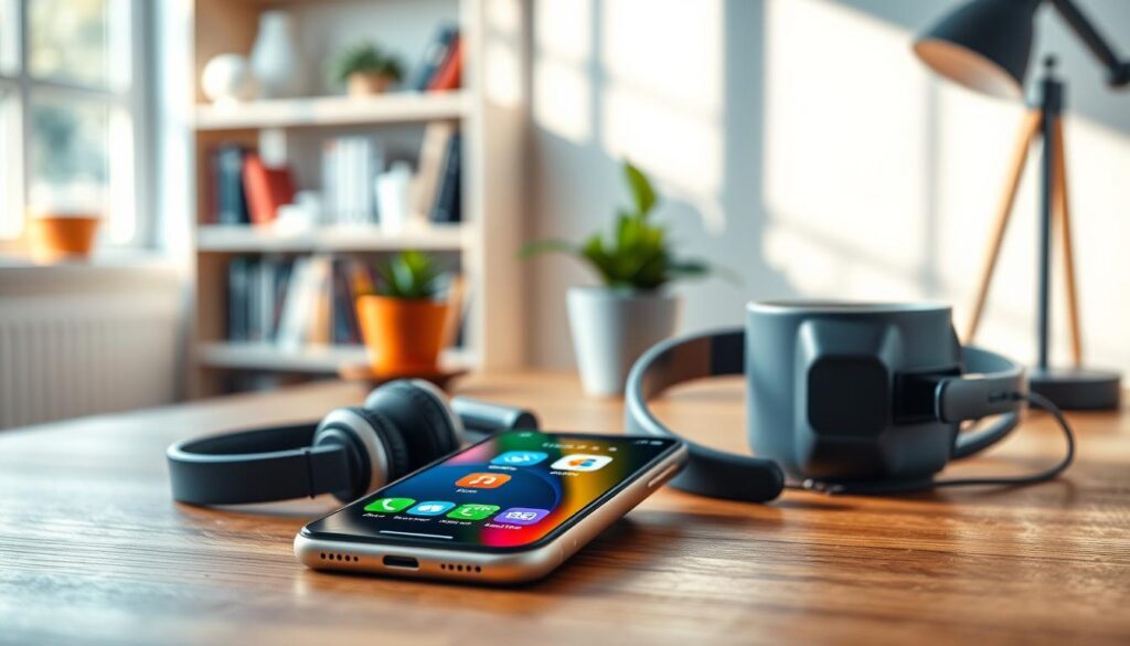 A vibrant and inviting digital scene depicting an iPhone on a modern wooden desk, showcasing various applications for music downloading. In the foreground, the iPhone screen displays colorful app icons like a music note and download symbol, reflecting a user-friendly interface. Surrounding the phone, a pair of stylish headphones and a steaming cup of coffee add a cozy touch. The middle ground features a blurred bookshelf filled with music-related books and a small potted plant to bring life to the space. In the background, natural light filters through a window, casting soft, warm shadows. The overall atmosphere is creative, tech-savvy, and inviting, perfect for illustrating the topic of music download applications on the iPhone. A vibrant and inviting digital scene depicting an iPhone on a modern wooden desk, showcasing various applications for music downloading. In the foreground, the iPhone screen displays colorful app icons like a music note and download symbol, reflecting a user-friendly interface. Surrounding the phone, a pair of stylish headphones and a steaming cup of coffee add a cozy touch. The middle ground features a blurred bookshelf filled with music-related books and a small potted plant to bring life to the space. In the background, natural light filters through a window, casting soft, warm shadows. The overall atmosphere is creative, tech-savvy, and inviting, perfect for illustrating the topic of music download applications on the iPhone.
