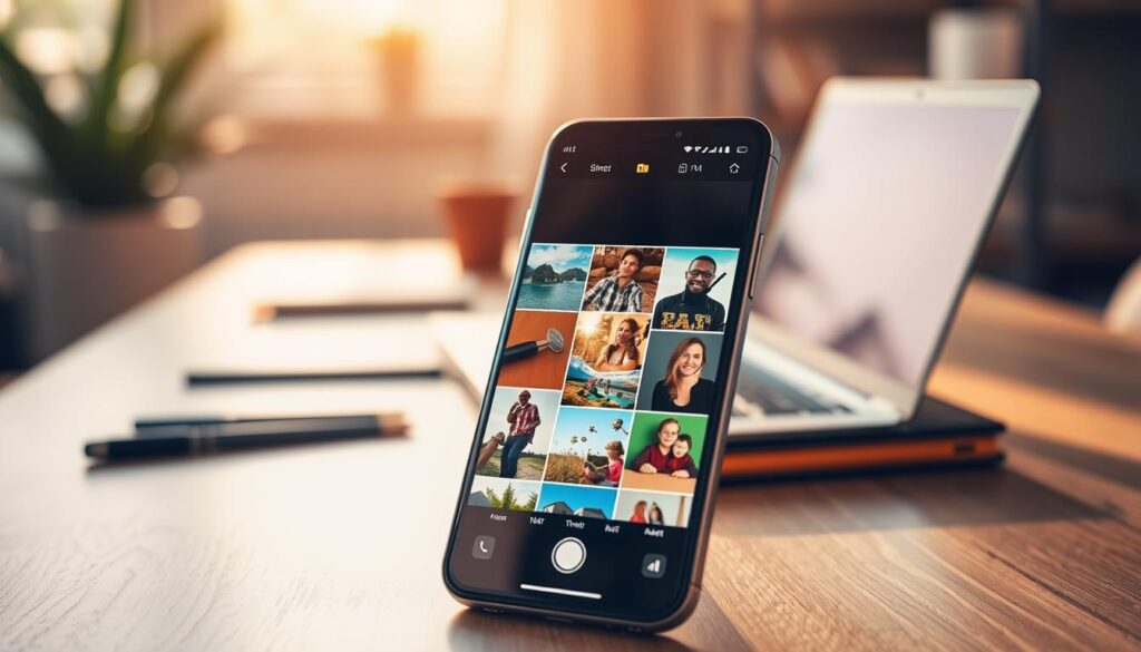 A vibrant mobile application interface displayed on a sleek smartphone, showcasing an intuitive collage-making tool. In the foreground, the phone screen features a colorful collage composed of various images, including nature, travel, and family moments, arranged artistically. The background is softly blurred, hinting at a cozy workspace with a modern desk, a laptop, and some stationery. Warm, natural lighting streams in from a nearby window, creating an inviting atmosphere. The smartphone is angled slightly to create depth, with reflections on the screen enhancing realism. The overall mood is creative and inspiring, ideal for showcasing mobile app capabilities for collage creation. A vibrant mobile application interface displayed on a sleek smartphone, showcasing an intuitive collage-making tool. In the foreground, the phone screen features a colorful collage composed of various images, including nature, travel, and family moments, arranged artistically. The background is softly blurred, hinting at a cozy workspace with a modern desk, a laptop, and some stationery. Warm, natural lighting streams in from a nearby window, creating an inviting atmosphere. The smartphone is angled slightly to create depth, with reflections on the screen enhancing realism. The overall mood is creative and inspiring, ideal for showcasing mobile app capabilities for collage creation.