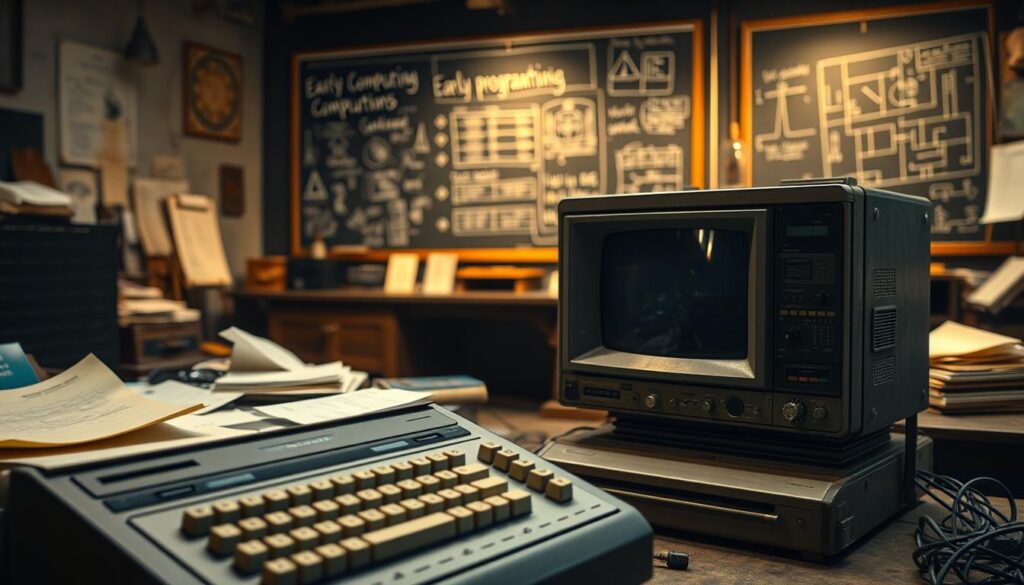 A vintage computer from the early days of computing sits prominently in the foreground, showcasing intricate details like buttons, tubes, and wires. The mid-ground features a dimly lit historical lab with scattered papers, blueprints, and early programming manuals, emphasizing the exploratory spirit of the era. In the background, a chalkboard filled with handwritten notes and diagrams hints at early programming concepts, illuminated by soft, warm light that creates a nostalgic atmosphere. The scene is captured from a slight angle, using a shallow depth of field to bring focus to the computer while softly blurring the surroundings. The mood is one of curiosity and innovation, inviting viewers to reflect on the groundbreaking developments in computer science history.