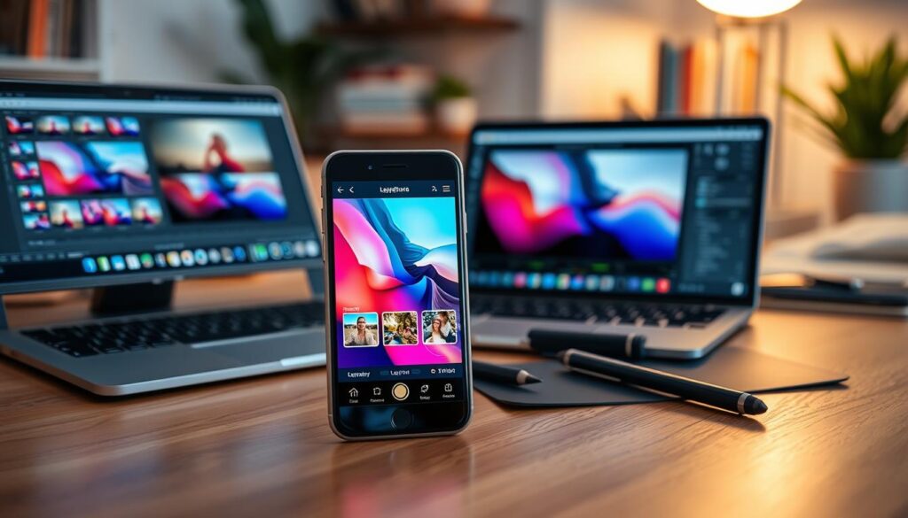 A visually appealing digital workspace showcasing an iPhone displaying a vibrant image editing application interface. In the foreground, focus on the iPhone with its screen illuminated, showing layered images merged seamlessly. In the middle ground, include a sleek laptop with photo editing software opened, featuring tools for layering images, surrounded by tools like a stylus and graphic tablet. The background should be a soft, out-of-focus home environment with warm, inviting lighting, perhaps a shelf with books and plants enhancing the creative atmosphere. The overall mood should be one of inspiration and productivity, emphasizing a tech-savvy, modern approach to photo editing without applications. A visually appealing digital workspace showcasing an iPhone displaying a vibrant image editing application interface. In the foreground, focus on the iPhone with its screen illuminated, showing layered images merged seamlessly. In the middle ground, include a sleek laptop with photo editing software opened, featuring tools for layering images, surrounded by tools like a stylus and graphic tablet. The background should be a soft, out-of-focus home environment with warm, inviting lighting, perhaps a shelf with books and plants enhancing the creative atmosphere. The overall mood should be one of inspiration and productivity, emphasizing a tech-savvy, modern approach to photo editing without applications.