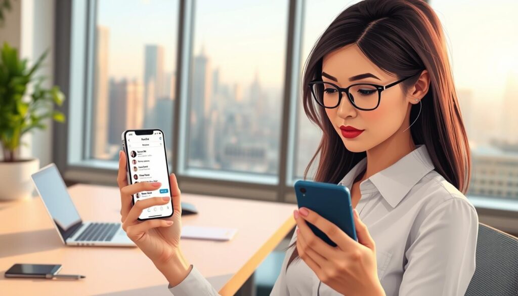 A visually engaging digital illustration featuring a young professional woman in a modern office setting, thoughtfully transferring contact information from her iPhone to an Android device. In the foreground, display her focused expression as she interacts with both smartphones, highlighting the screens showing contact lists. The middle ground includes a sleek desk with a laptop and office supplies, emphasizing a tech-savvy atmosphere. In the background, large windows reveal a city skyline, with soft natural light streaming in, creating a warm and productive mood. Use a shallow depth of field to subtly blur the background, drawing attention to the contact transfer process, and ensure the woman is dressed in smart casual attire, representing professionalism and focus.