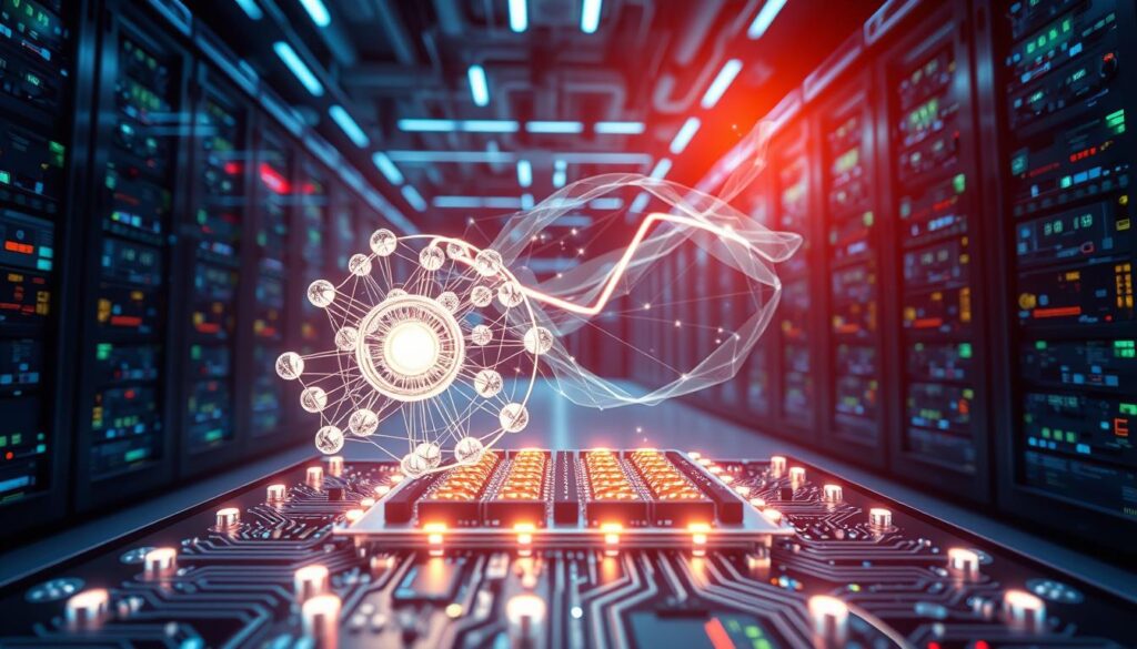 A visually striking and detailed illustration of the principles behind quantum computing. In the foreground, showcase a stylized quantum computer, featuring shimmering qubits represented as glowing orbs interconnected by intricate circuits. The middle layer should depict a dynamic representation of superposition and entanglement, visualized as intertwining light waves and patterns. In the background, a futuristic data center filled with sleek technology and soft blue and green neon lighting, providing an advanced ambiance. The atmosphere should convey a sense of innovation and complexity, highlighting the unique functionalities of quantum computing. Use a wide-angle perspective to capture the depth of the scene, with a focus on clarity and precision that accentuates the technology's intricacies. A visually striking and detailed illustration of the principles behind quantum computing. In the foreground, showcase a stylized quantum computer, featuring shimmering qubits represented as glowing orbs interconnected by intricate circuits. The middle layer should depict a dynamic representation of superposition and entanglement, visualized as intertwining light waves and patterns. In the background, a futuristic data center filled with sleek technology and soft blue and green neon lighting, providing an advanced ambiance. The atmosphere should convey a sense of innovation and complexity, highlighting the unique functionalities of quantum computing. Use a wide-angle perspective to capture the depth of the scene, with a focus on clarity and precision that accentuates the technology's intricacies.