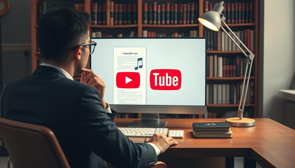 A visually striking and informative scene depicting the concept of the legality of downloading music from YouTube. In the foreground, a person in professional business attire sits at a desk, thoughtfully examining a legal document related to copyright laws on a computer screen. The middle layer features the computer displaying the YouTube logo alongside a musical note, representing the platform and its content. In the background, shelves filled with books about copyright law and music rights create an academic atmosphere. Soft, warm lighting from a desk lamp casts a focused glow, enhancing the contemplative mood. The camera angle is slightly elevated, offering a clear view of the interaction between the subject and the digital content, with a sense of professionalism and inquiry. The image should evoke curiosity and thoughtfulness about legal implications in digital music downloading. A visually striking and informative scene depicting the concept of the legality of downloading music from YouTube. In the foreground, a person in professional business attire sits at a desk, thoughtfully examining a legal document related to copyright laws on a computer screen. The middle layer features the computer displaying the YouTube logo alongside a musical note, representing the platform and its content. In the background, shelves filled with books about copyright law and music rights create an academic atmosphere. Soft, warm lighting from a desk lamp casts a focused glow, enhancing the contemplative mood. The camera angle is slightly elevated, offering a clear view of the interaction between the subject and the digital content, with a sense of professionalism and inquiry. The image should evoke curiosity and thoughtfulness about legal implications in digital music downloading.