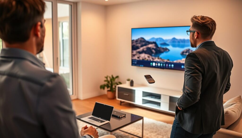 A well-lit living room featuring a sleek LG television mounted on the wall, displaying a vibrant, high-definition image of a natural landscape. In the foreground, a professional-looking individual in smart casual attire adjusts the TV settings using the remote control, showcasing wise focus and determination. The middle ground includes a stylish coffee table with a few tech accessories and a laptop open beside it. In the background, large windows allow soft, natural light to stream in, creating an inviting atmosphere. The overall palette is warm, with a cozy ambiance that highlights the importance of optimizing the viewing experience. The scene captures a moment of concentration and professionalism, emphasizing the theme of achieving the best settings on an LG TV. A well-lit living room featuring a sleek LG television mounted on the wall, displaying a vibrant, high-definition image of a natural landscape. In the foreground, a professional-looking individual in smart casual attire adjusts the TV settings using the remote control, showcasing wise focus and determination. The middle ground includes a stylish coffee table with a few tech accessories and a laptop open beside it. In the background, large windows allow soft, natural light to stream in, creating an inviting atmosphere. The overall palette is warm, with a cozy ambiance that highlights the importance of optimizing the viewing experience. The scene captures a moment of concentration and professionalism, emphasizing the theme of achieving the best settings on an LG TV.