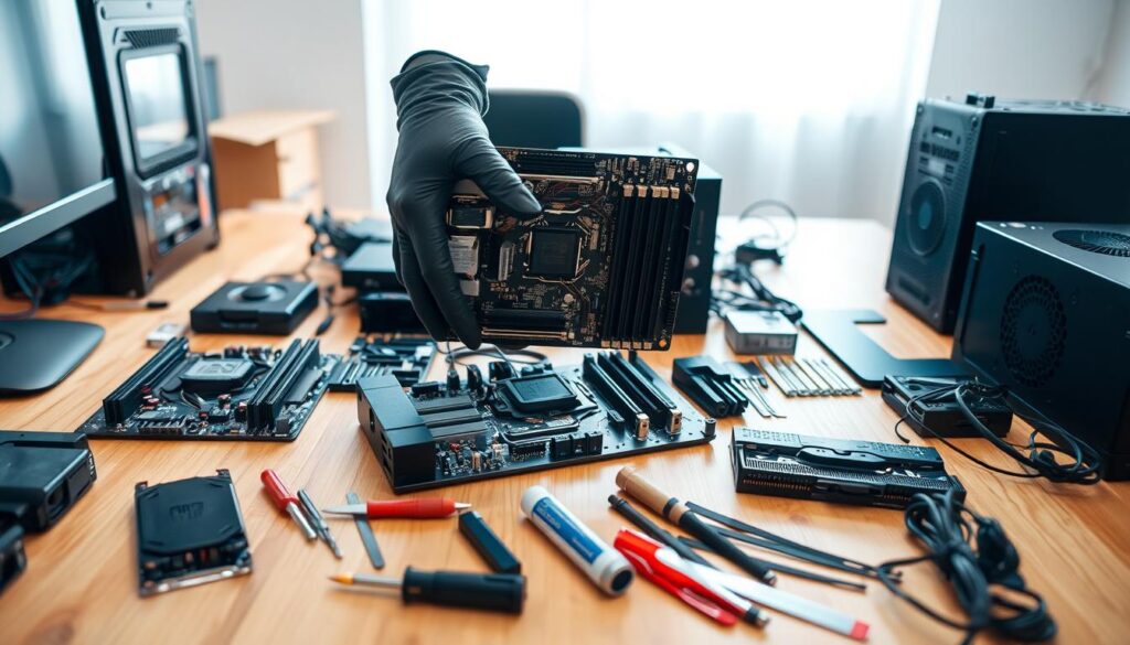 A well-lit workspace with a wooden desk covered in computer components such as a motherboard, CPU, GPU, RAM sticks, and a power supply. In the foreground, a pair of hands wearing black gloves delicately handle the motherboard, focusing on the intricate circuitry. The middle of the image shows scattered tools like a screwdriver, thermal paste, and cable ties, creating an organized yet busy environment. In the background, a bright, clean room with a window allowing natural light to filter in, enhancing the sense of focus and motivation. The atmosphere is one of enthusiasm and concentration, perfect for illustrating the assembly process of a computer. The image should be captured from a slightly elevated angle, emphasizing the assembly process while maintaining clarity on all components.