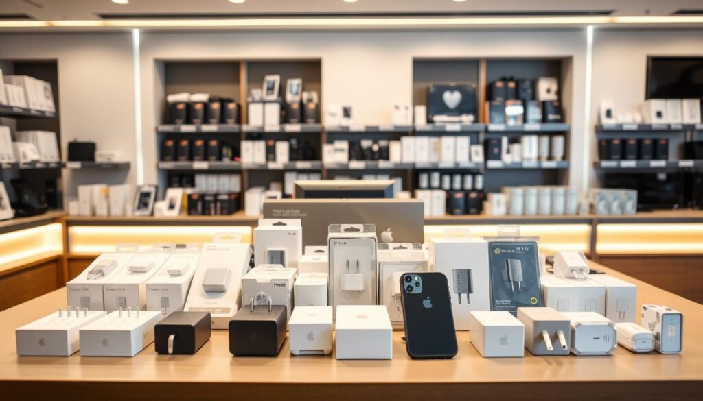 A well-organized electronic store interior, showcasing a selection of iPhone 14 chargers on a neatly arranged display table. In the foreground, various models of chargers, both original and third-party, are clearly visible, with some in sleek packaging. The middle ground features shelves stocked with different brands, with labels indicating their specifications. In the background, soft lighting creates a warm and inviting atmosphere, enhancing the modern store design. The focus is sharp on the chargers, while the background is slightly blurred to emphasize the products. The overall mood is professional and engaging, suitable for a tech-savvy audience, conveying an air of reliability and quality in the shopping experience. A well-organized electronic store interior, showcasing a selection of iPhone 14 chargers on a neatly arranged display table. In the foreground, various models of chargers, both original and third-party, are clearly visible, with some in sleek packaging. The middle ground features shelves stocked with different brands, with labels indicating their specifications. In the background, soft lighting creates a warm and inviting atmosphere, enhancing the modern store design. The focus is sharp on the chargers, while the background is slightly blurred to emphasize the products. The overall mood is professional and engaging, suitable for a tech-savvy audience, conveying an air of reliability and quality in the shopping experience.