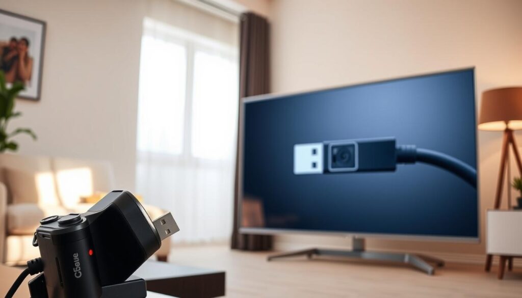 A well-organized scene illustrating the process of connecting a camera to a television via USB. In the foreground, a modern digital camera positioned at an angle, showcasing its USB port prominently. The middle ground features a sleek flat-screen television displaying a clear image of the camera connection interface, emphasizing the USB port. The background includes a stylish living room setup, with soft lighting casting a warm glow, enhancing the inviting atmosphere. The angle captures both the camera and TV, focusing on the connection points. The setting is neat and professional, avoiding clutter while highlighting the technology. Natural light filters in from a window, creating a serene ambiance. A well-organized scene illustrating the process of connecting a camera to a television via USB. In the foreground, a modern digital camera positioned at an angle, showcasing its USB port prominently. The middle ground features a sleek flat-screen television displaying a clear image of the camera connection interface, emphasizing the USB port. The background includes a stylish living room setup, with soft lighting casting a warm glow, enhancing the inviting atmosphere. The angle captures both the camera and TV, focusing on the connection points. The setting is neat and professional, avoiding clutter while highlighting the technology. Natural light filters in from a window, creating a serene ambiance.