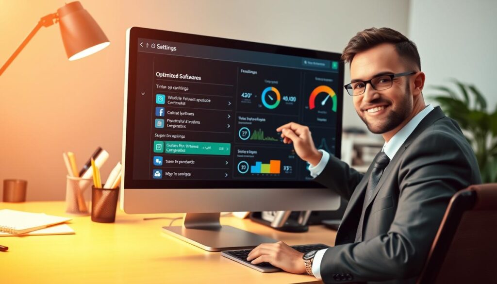A well-organized workspace featuring a desktop computer with a sleek design, vibrant icons on the screen symbolizing speed and efficiency. In the foreground, a person in professional business attire is adjusting settings on the computer, with a look of concentration and satisfaction. The middle ground showcases optimized software applications, graphs displaying performance improvements, and a clock indicating time savings. The background features soft lighting that creates a focused atmosphere, with blurred elements like office supplies to maintain attention on the computer. Warm, inviting colors enhance the feeling of productivity and clarity. The scene emphasizes the importance and benefits of computer optimization in a modern work environment.