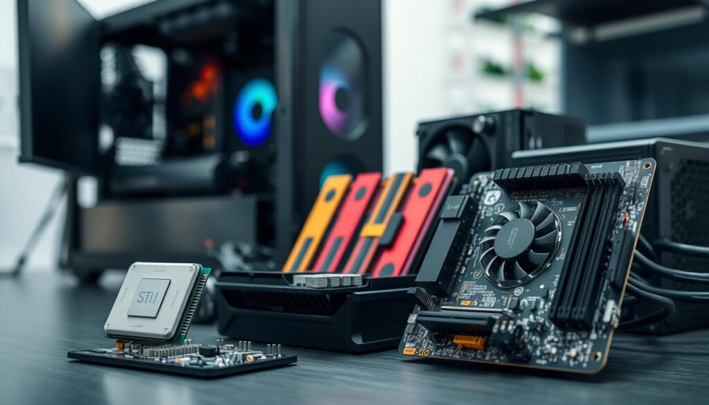 A well-organized workspace featuring essential computer components prominently displayed. In the foreground, showcase a shiny CPU, a detailed motherboard with intricate circuitry, and a powerful graphics card, all highlighting their textures and colors. In the middle, position RAM sticks in vibrant colors next to a cooling fan, while a neatly arranged power supply sits nearby. The background should include a blurred view of a modern office setup with a computer case partially visible, emphasizing a tech-savvy environment. Use soft, even lighting to create a professional atmosphere, with a slight overhead angle to capture the components' details clearly. The mood is focused and inviting, perfect for beginners exploring computer assembly.