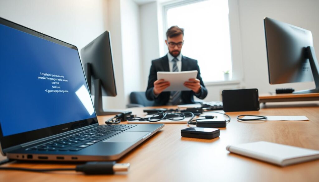 A well-organized workspace focused on preparing a computer for formatting. In the foreground, a modern desktop with a sleek laptop displaying a blue screen error and a set of tools like a USB drive and notepad nearby, indicating readiness to begin the process. In the middle, a focused individual in professional business attire, intently reviewing instructions on a tablet, surrounded by cables and external hard drives. The background features a bright, well-lit office environment with soft, natural light coming through a window, creating a calm and productive atmosphere. The overall mood is focused and determined, with an emphasis on technology preparation. The angle is slightly elevated, capturing the action in a dynamic way, inviting viewers into the scene. A well-organized workspace focused on preparing a computer for formatting. In the foreground, a modern desktop with a sleek laptop displaying a blue screen error and a set of tools like a USB drive and notepad nearby, indicating readiness to begin the process. In the middle, a focused individual in professional business attire, intently reviewing instructions on a tablet, surrounded by cables and external hard drives. The background features a bright, well-lit office environment with soft, natural light coming through a window, creating a calm and productive atmosphere. The overall mood is focused and determined, with an emphasis on technology preparation. The angle is slightly elevated, capturing the action in a dynamic way, inviting viewers into the scene.