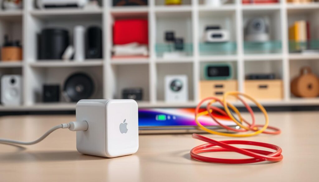 An elegantly arranged set of iPhone 11 chargers displayed in a well-lit, modern workspace. In the foreground, a sleek, white charger with an Apple logo and a high-speed USB-C port, gleaming under soft diffused lighting to highlight its design. The middle ground features a smartphone partially plugged into the charger, showing the charging icon on the screen, indicating its power level, and an organized desk with colorful charging cables artfully coiled. The background includes blurred shelves with tech gadgets and accessories, conveying a digital-savvy atmosphere. The image is shot from a slightly elevated angle to offer perspective, creating a warm, inviting vibe that emphasizes the importance of charging power for the iPhone 11.