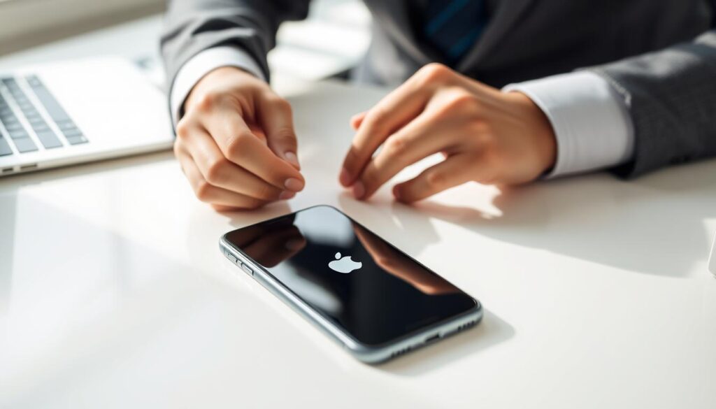 An iPhone 8 on a clean, minimalist desk, showing the process of a hard reset. In the foreground, the iPhone 8 is clearly visible with the screen displaying the Apple logo, illustrating the moment during the reset. In the middle ground, a pair of hands, dressed in a smart-casual attire, are holding the iPhone, emphasizing the action of pressing the side buttons. The background features a softly blurred workspace with a subtle hint of a laptop and some stationery, creating a professional yet approachable atmosphere. Bright, natural lighting illuminates the scene, casting gentle shadows, while a shallow depth of field keeps the focus on the phone and hands, conveying a sense of clarity and simplicity in the reset process.