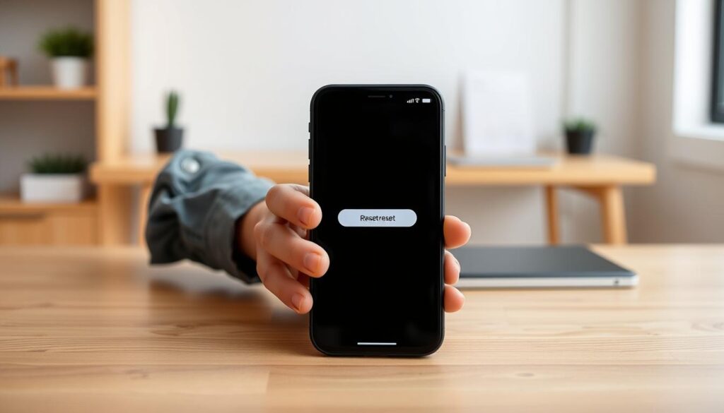 An instructional scene depicting the process of resetting an iPhone 8, centered in the foreground with a close-up of the device displaying the reset screen. In the middle ground, a pair of hands, wearing casual yet neat clothing, holding the iPhone, demonstrate pressing the necessary buttons. The background features a clean, modern workspace with a minimalistic style, including a wooden desk and soft, natural lighting that enhances the clarity of the scene. The image should have a focused composition, shot at eye level with a subtle depth of field to emphasize the iPhone and hands, creating a mood of clarity and professionalism suitable for a guide. The image should be simple, informative, and free from any text or distractions.