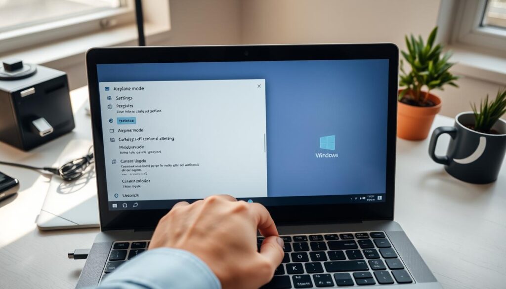 An office workspace with a laptop open, showcasing the Windows operating system. In the foreground, a hand is hovering over the laptop's keyboard, ready to turn off airplane mode. On the screen, the settings menu is visible, with airplane mode highlighted. The background features a well-organized desk with a charger, a coffee mug, and a small potted plant, creating a professional and inviting atmosphere. Soft natural light streams through a nearby window, casting gentle shadows. The angle is slightly above the laptop to focus on the screen and the user's hand. The overall mood is calm and focused, suitable for a tech tutorial. An office workspace with a laptop open, showcasing the Windows operating system. In the foreground, a hand is hovering over the laptop's keyboard, ready to turn off airplane mode. On the screen, the settings menu is visible, with airplane mode highlighted. The background features a well-organized desk with a charger, a coffee mug, and a small potted plant, creating a professional and inviting atmosphere. Soft natural light streams through a nearby window, casting gentle shadows. The angle is slightly above the laptop to focus on the screen and the user's hand. The overall mood is calm and focused, suitable for a tech tutorial.